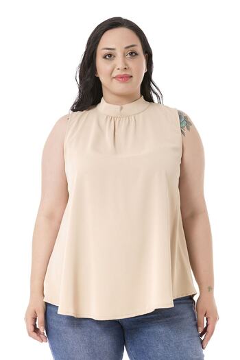 DISENTIS MODEST Plus Size Collar Back Buttoned Stand Collar Flowing Sleeveless Beige Blouse