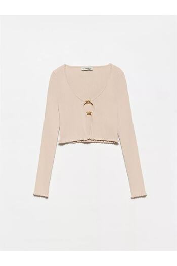 Dilvin Ecru U-Neck Cardigan with Accessories on the Front