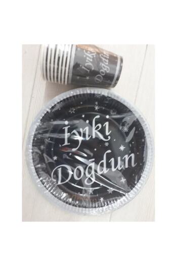 Happyland Silver Black Happy Birthday 8 Pieces Plate Cup Party Set