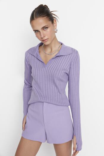 Trendyol Collection Pulover tricotat cu gât polo cu detaliu liliac TWOAW21KZ1113