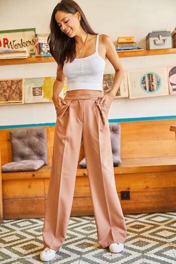 Olalook Women's Mink Pleated Rope Detailed Woven Atlas Trousers PNT-19000173