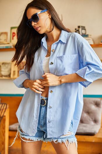 Olalook Γυναικείο Baby Blue Oversize υφαντό πουκάμισο με λεπτομέρεια με κουμπί στα πλαϊνά GML-19001004