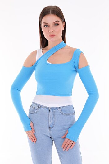 clubsodafashion Set crop top tricotat cu nervuri, stil dublu asimetric