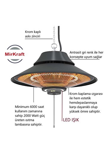 Mirkraft Elirg Light LED Işıklı Elektrikli Infrared Tavan Isıtıcısı - 2000W Karbon Isıtma Teknolojis