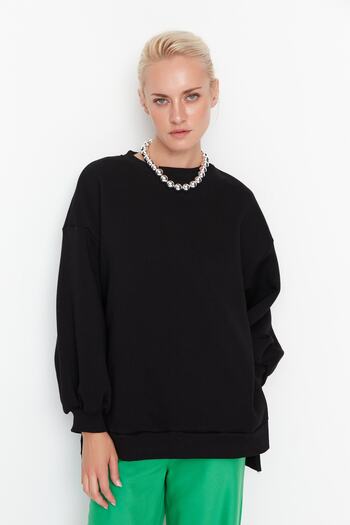 Trendyol Collection Černá Oversize/Wide Fit Rozparek Detailní Silný fleece Uvnitř pletená mikina TWOAW23SW00195