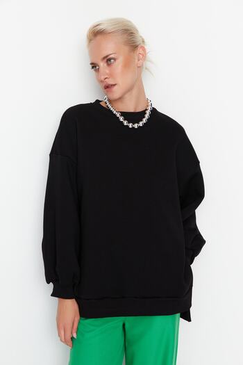 Trendyol Collection Černá Oversize/Wide Fit Rozparek Detailní Silný fleece Uvnitř pletená mikina TWOAW23SW00195