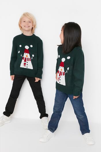 TRENDYOLKIDS Green Snowman Jacquard Unisex Kids Knitwear Sweater