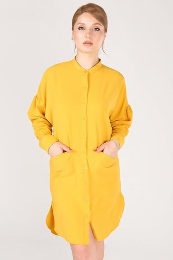 Giyim Dünyası Women's Ayrobin Fabric Stand Collar Double Pocket Tunic Shirt Mustard