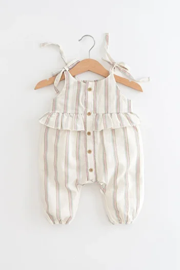 Banamio Jasmin Shoulder Tie Striped Patterned Button and Ruffle Detailed Cotton Jumpsuit (ecru)