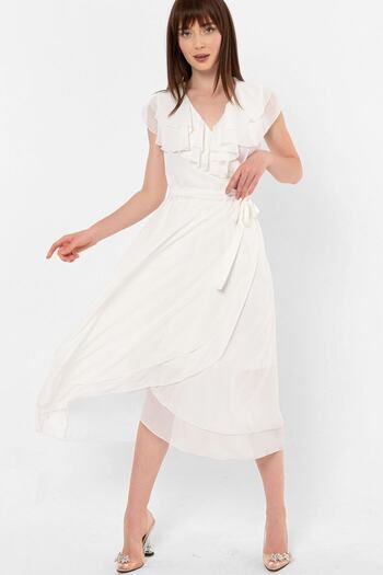 Laranor Ecru Flounced Asymmetrical Cut Double Breasted Tied Chiffon Dress