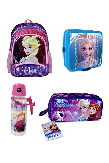 Frozen Set de 4 bucăți pentru fete și copii de școală primară cu trei compartimente cu sclipici Disney Elsa