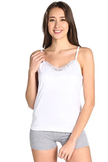 Tutku Women's White Large Size Ribbed Rope Strap Laced Undershirt 6-Piece Economical Pack 0139