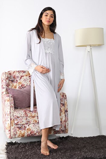 lohusahamile Maternity Maternity 2502 Gray Maternity Nightgown Set with Long Dressing Gown