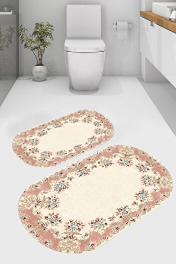 MODANOİVA Yuvarlak Çiçekli 2'li Banyo Paspası (50x60 - 60x100 )
