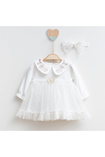 MİNİBORN Newborn Girl Long Sleeve Cone Color Ecru Dress Set