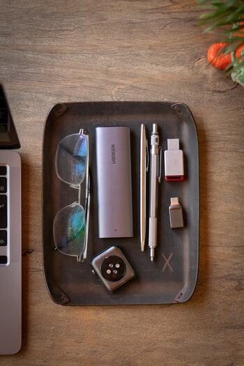 minimal X design Leather Tray (large) Desktop Organizer Chestnut Crazy - Real Leather & Handmade - Minimalist Design
