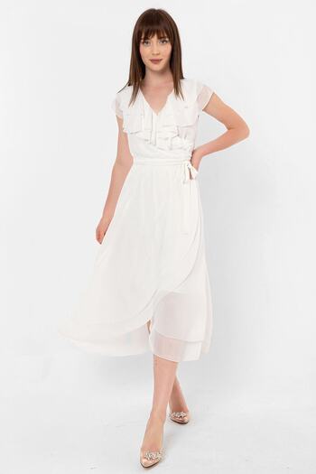 Laranor Ecru Flounced Asymmetrical Cut Double Breasted Tied Chiffon Dress