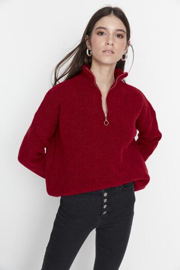 Trendyol Collection Red Soft Textured Zippered Knitwear Sweater TWOAW20XS0009