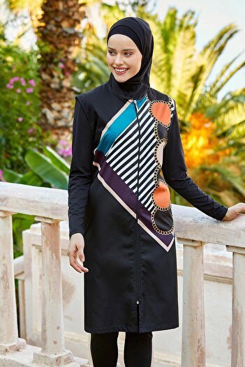 ROZAMAY Patterned Zippered Hijab Swimsuit