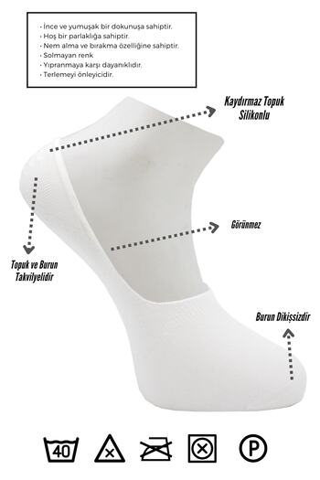 KARDEŞLER ÇORAP Men's Ballerina White Socks Cotton Seamless Invisible Anti-Slip Heel Silicone Pack of 6
