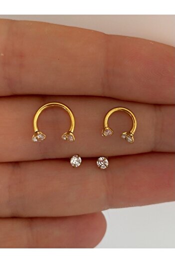 Arescollection Cerrahi Çelik Iki Ucu Taşlı Yarım Halka 2 Li Piercing Küpe Set