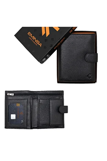 Eminsa Black Vertical Model Leather Men's Wallet with Snap Fasteners