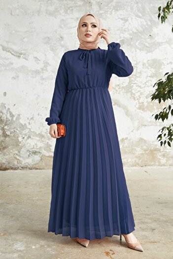InStyle Pleated Limelda Chiffon Hijab Dress - Navy Blue