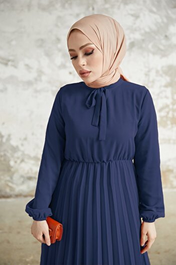 InStyle Pleated Limelda Chiffon Hijab Dress - Navy Blue