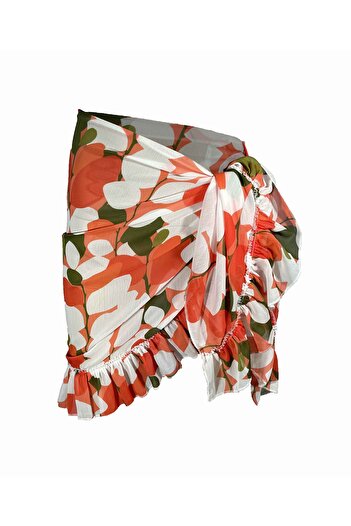 Bolder White Geometric Pattern Short Ruffle Pareo