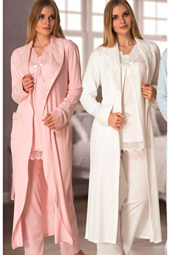 by İGP Effortt Kadın Ekru Hamile Lohusa Sabahlıklı Pijama Takımı 3lü Set