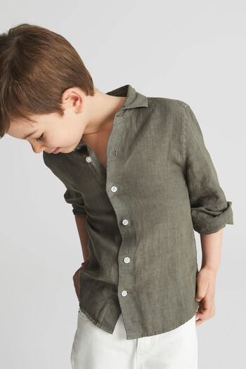 alenmeza Boy's Khaki 100% Linen Modern Fit No Pocket Shirt