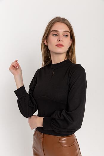 HAKKE Drop Front Balloon Sleeve Crepe Blouse
