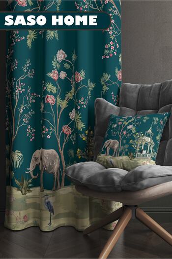 SasoHome Turquoise Elephant And Roses Pattern 140 X 270 Cm Digital Printed Background Curtain (Single Wing)