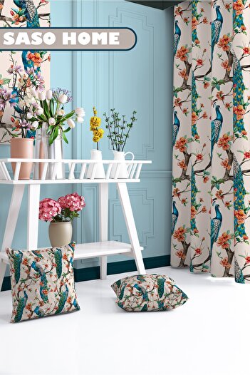 SasoHome Tropik Tavus Kuşları Desenli 140 X 270 Cm Dijital Baskılı Fon Perde ( Tek Kanat )