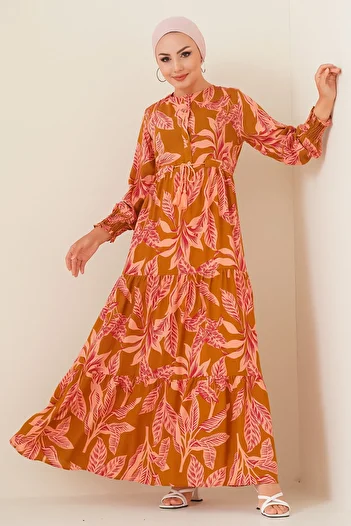 Bigdart 2145 Patterned Hijab Dress - Tan