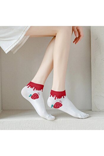 çorapmanya 5 Pairs Heart / Strawberry Pattern Colorful Women's Booties Socks