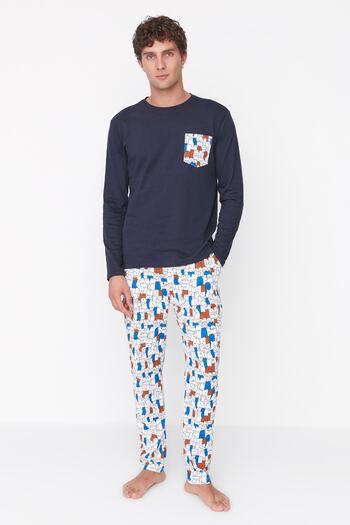 Trendyol Collection Set de lenjerie de dormit din bumbac imprimat colorat - Regular Fit TMNAW22PT1072