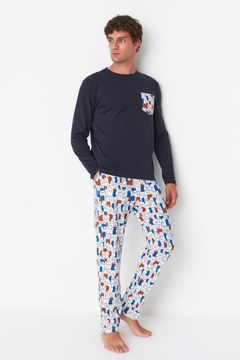 Trendyol Collection Set de lenjerie de dormit din bumbac imprimat colorat - Regular Fit TMNAW22PT1072