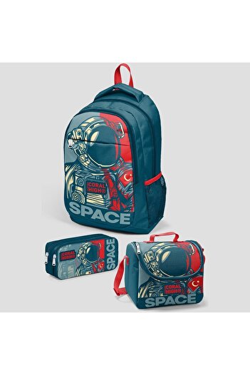 Coral High Kids Indigo Red Astronaut Patterned Three Compartment School Backpack, Thermo Lunchbag