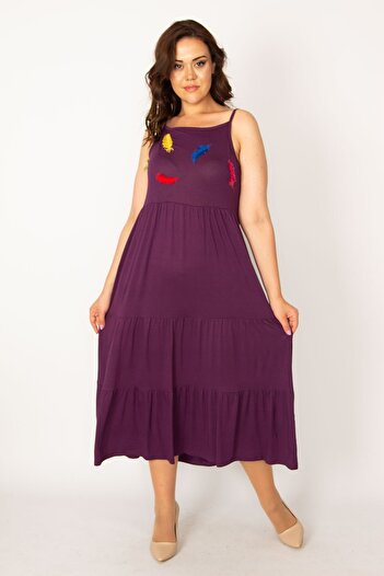 Şans Women's Large Size Purple Appliqued Layered Strap Dress 65n33474