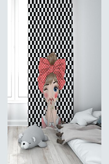 on the clouds Black and White Confused Girl Patterned Digital Printing Washable Baby Kids Room Backdrop Curtain