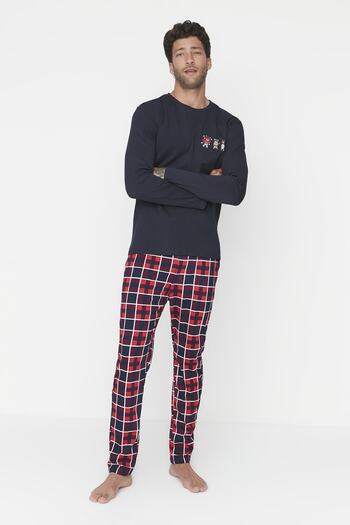 Trendyol Collection Чоловіча темно-синя піжама в клітинку Regular Fit 100 бавовна THMAW22PT0431