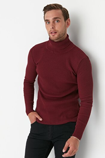 Trendyol Collection Turtleneck Burgundy Corded Sweater - Cotton, Slim Fit Tmnaw20Mg0031