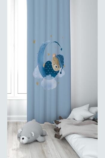 on the clouds Blue Teddy Bear Sleeping on the Moon Patterned Digital Printing Washable Baby Kids Room Background Curtain