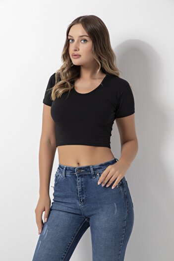DONEX 3377 Round Neck Short Sleeve Crop Black