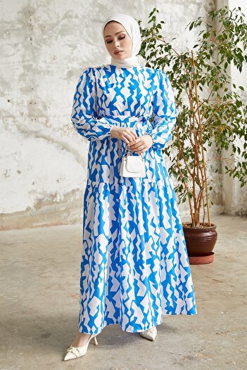 InStyle Liya Striped Patterned Belted Dress - Blue