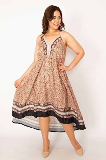 Şans Women's Plus Size Colorful Halter Neck Long Back Dress 65n33465