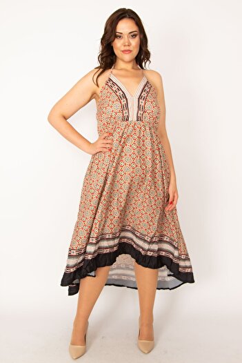 Şans Women's Plus Size Colorful Halter Neck Long Back Dress 65n33465