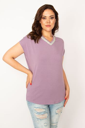 Şans Women's Large Size Lilac Collar Cast Stone Viscose Blouse 65n33546