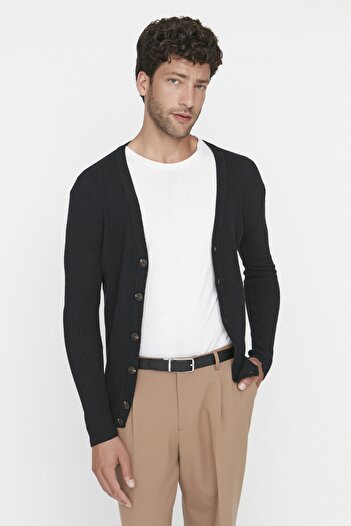 Trendyol Collection Black Slim Fit Cotton Slim Fit V-Neck Buttoned Ribbed Knit Cardigan Tmnaw21Hi0100